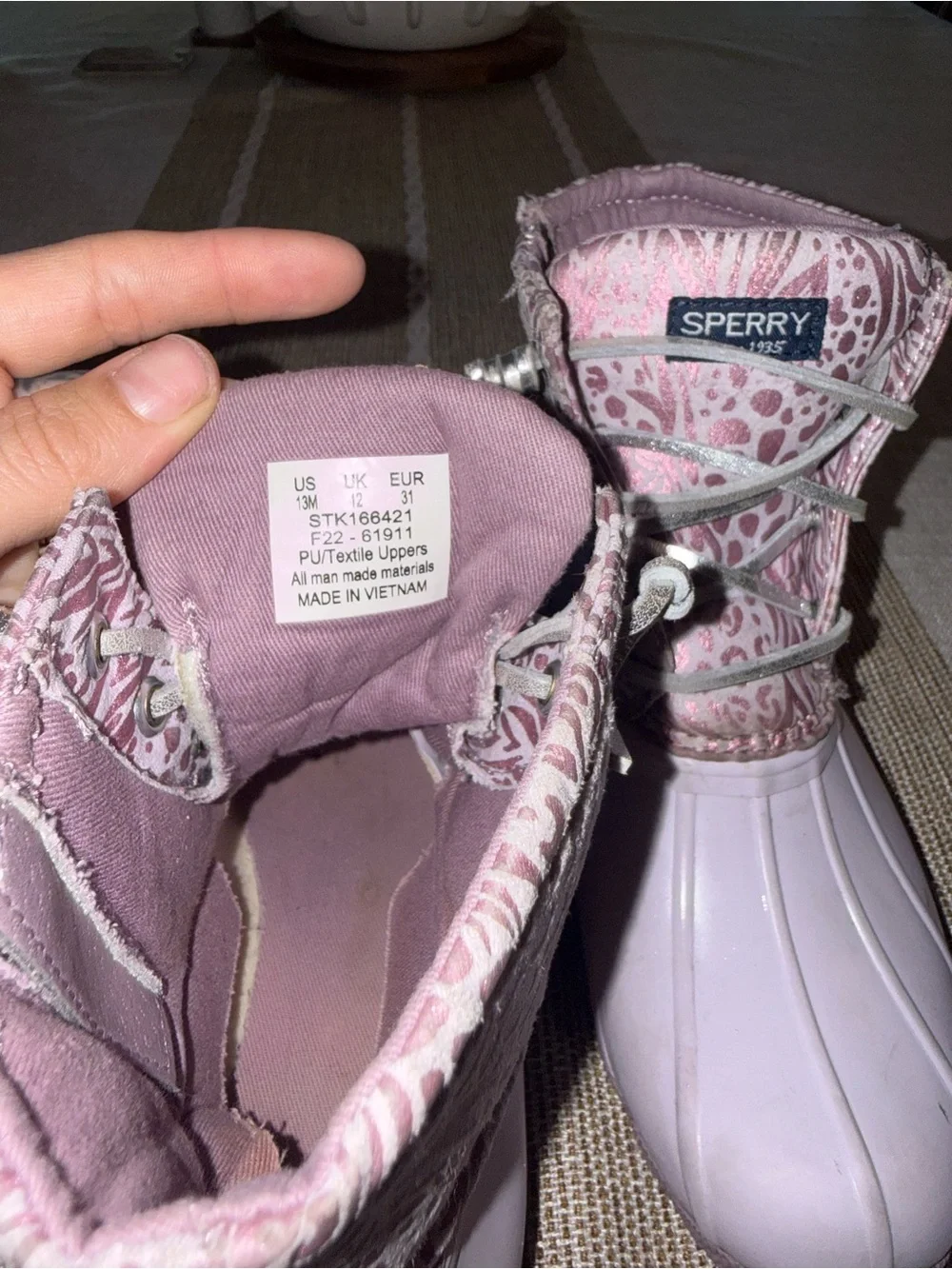 Sperry Pink/Purple Patterned Lace-Up Waterproof Duck Boots